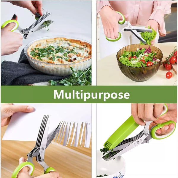 Collage of a pair of kitchen shears being used to cut greens, a pizza, and other items