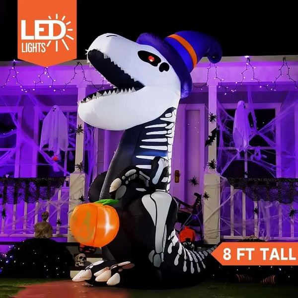 Halloween Inflatable Lighted Skeleton Dinosaur with Pumpkin, 8 Ft