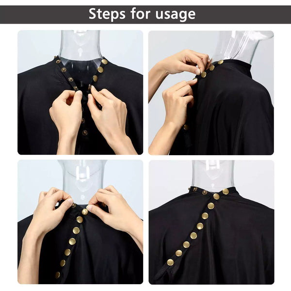 Steps for buttoning a black cutting hair cape on a mannequin