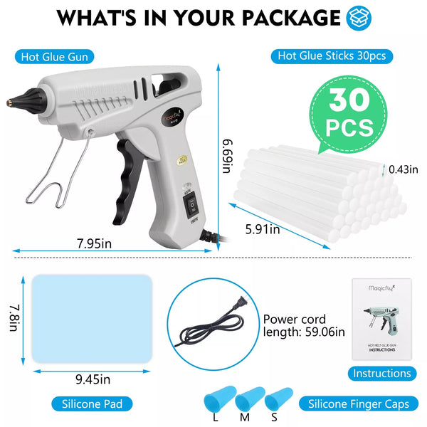 Gray hot glue gun set with glue sticks, power cord, silicone pad, and finger caps