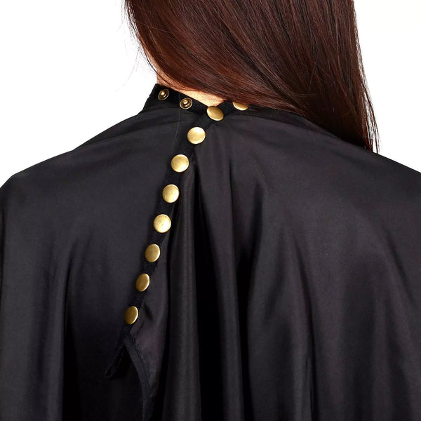 Black hair cutting cape with gold buttons