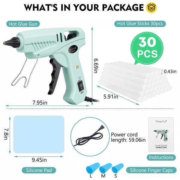 Hot glue gun set with glue sticks, power cord, silicone pad, and finger caps