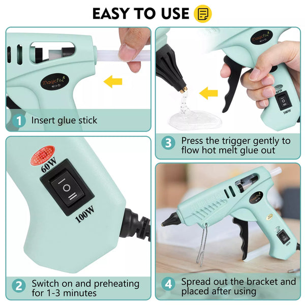 Hot glue gun with step-by-step usage instructions