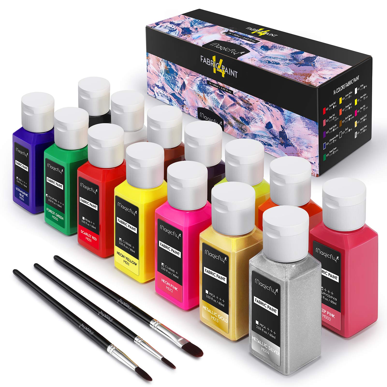 Magicfly Permanent Soft Fabric Paint Set for Clothes with 3 Brushes