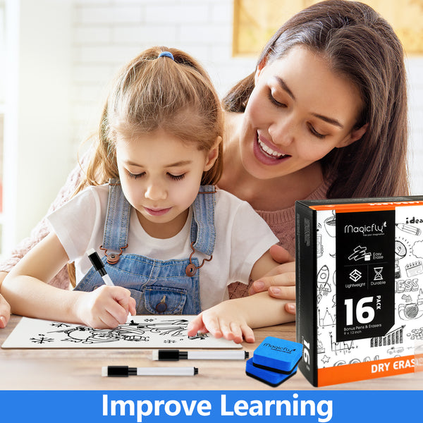 Double-Sided Small White Board, 9 x 12 Inches Dry Erase Lap Boards, Bulk Pack of 16 Mini White Board with 16 Pens, 16 Erasers & 16 Pen Clips - Magicfly