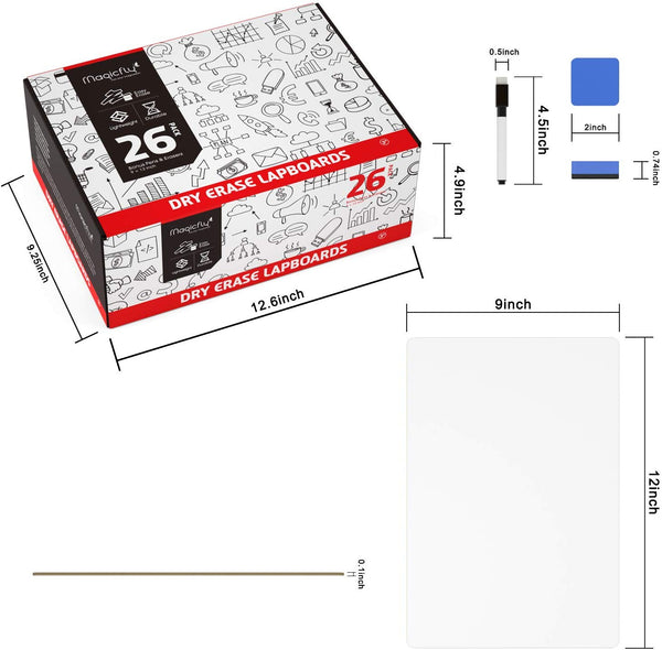 Dry Erase Lapboards Set - W/ 32 Pens, 26 Erasers, 9 x 12 Inches Portable Whiteboard - Magicfly