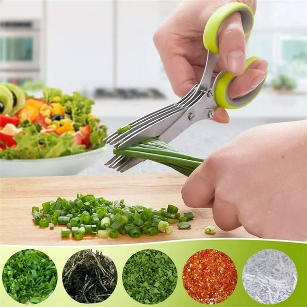 5 blade scissors being used to chop green onions with a kitchen