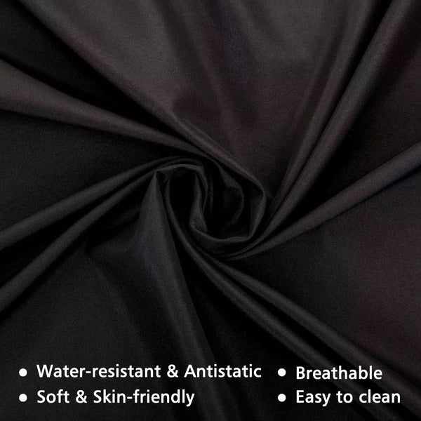 Close-up of black fabric with text highlighting its properties.