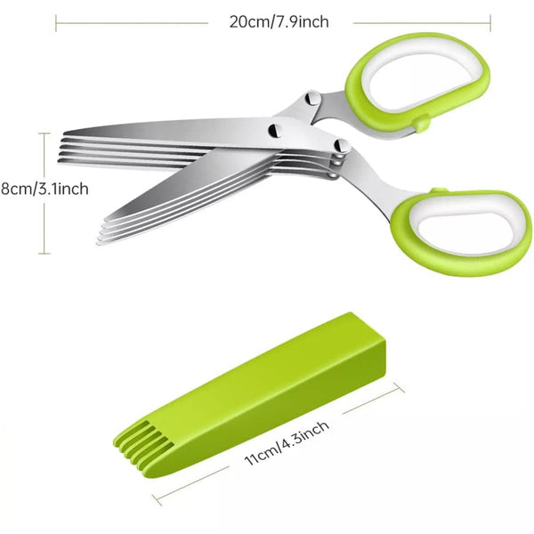 Green-handled scissors with measurements