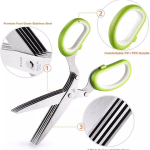 Green-handled scissors with close-up details on blade, handle, and design features.