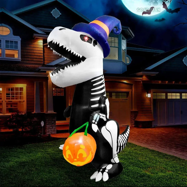 Halloween Inflatable Lighted Skeleton Dinosaur with Pumpkin, 8 Ft