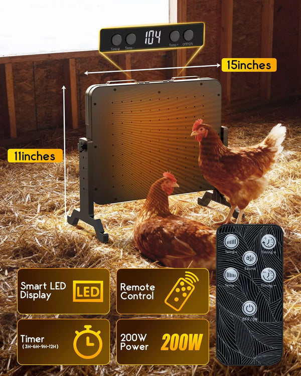 Heating pad forchickens, remote control, and specifications on a hay-covered floor.