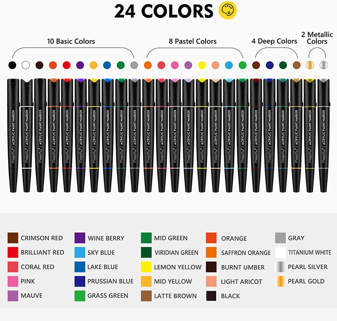 Magicfly DoubleSided Acrylic Paint Markers with Reversible Tip 24 Colors