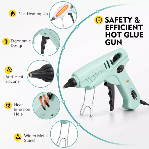 Hot glue gun with safety features highlighted