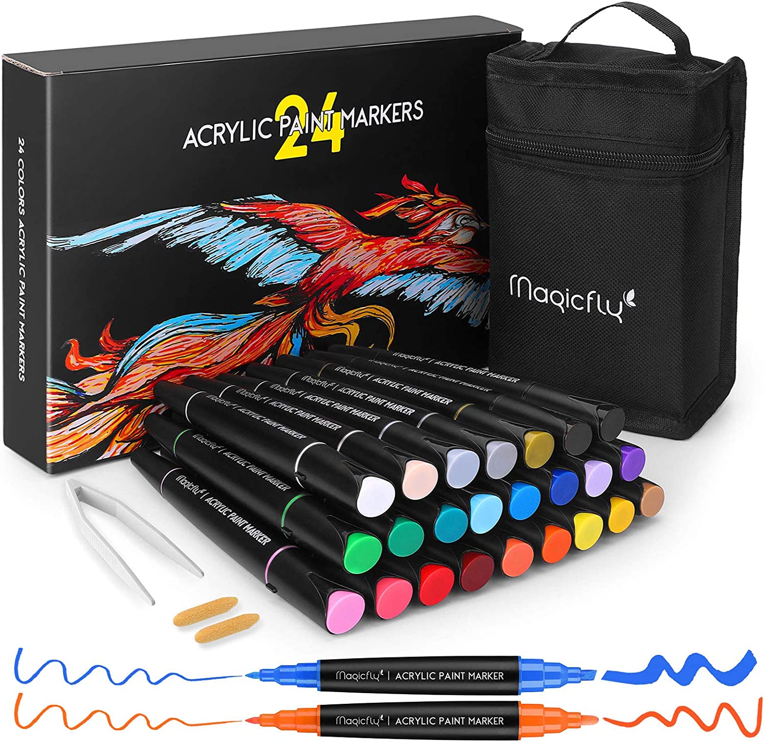 Magicfly Double-Sided Acrylic Paint Markers with Reversible Tip 24 Colors