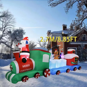 Magicfly 8.85 ft Christmas Inflatable Train Decoration Displayed in Snowy Front Yard – Santa and Holiday Characters