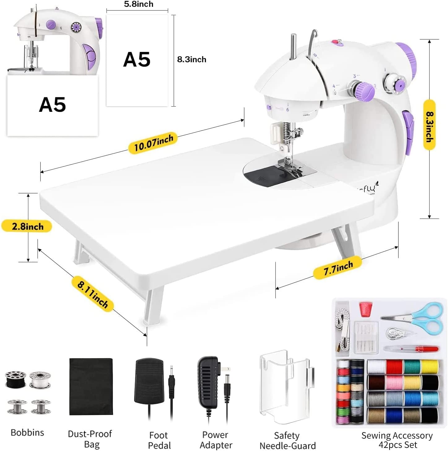 Magicfly Portable Sewing Machines, 12 Built-in Stitches Mini Sewing Machine  for Beginner with Reverse Sewing, 3 Replaceable Feet, Extension Table