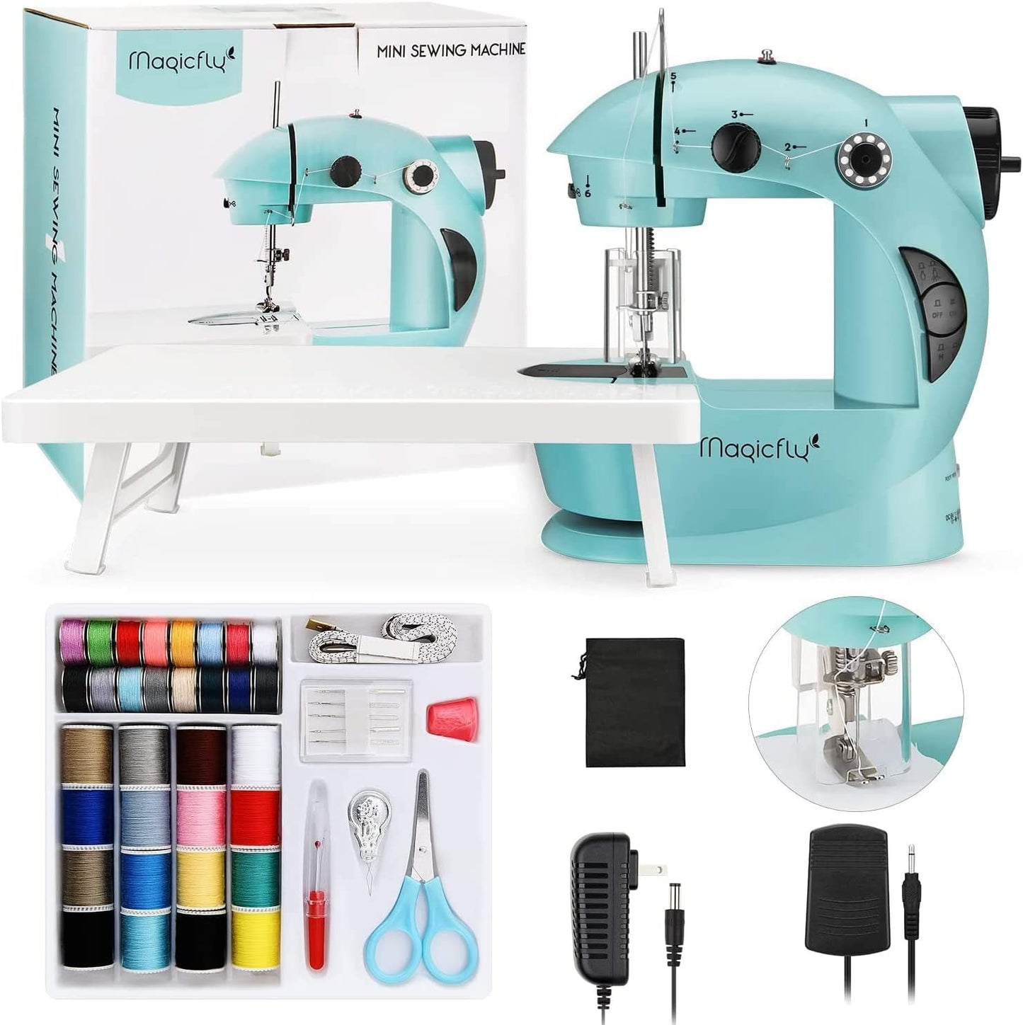 Magicfly Portable Sewing Machines, 12 Built-in Stitches Mini  Sewing Machine for Beginner with Reverse Sewing, 3 Replaceable Feet,  Extension Table, Accessory Kit, Blue : Arts, Crafts & Sewing