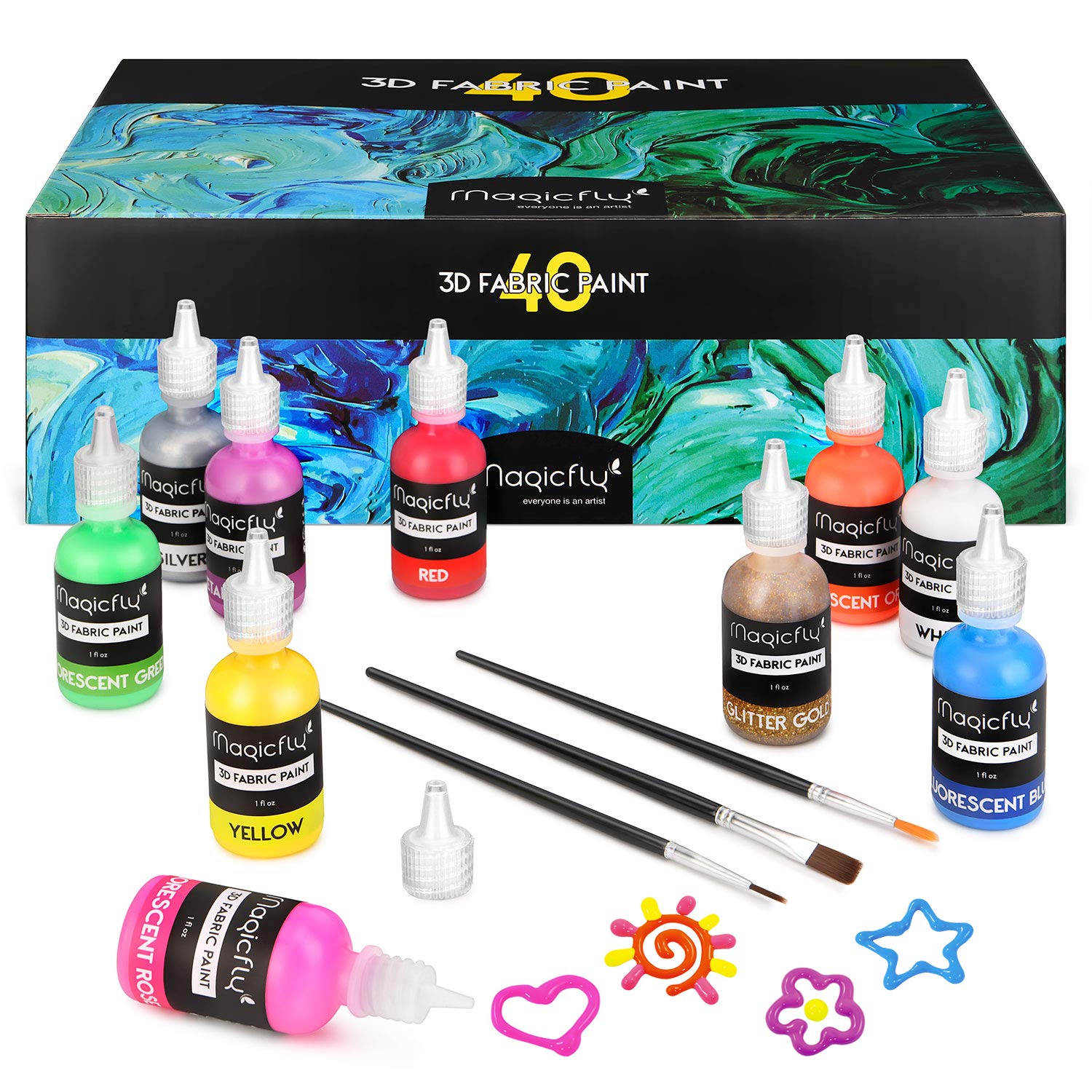 Magicfly 3D Fabric Permanent Paint 40 Color, Puffy Paint with Vibrant Colors, 3 Bonus Brushes & Stencils, Ideal for Textile T-shirts Fabrics Canvas