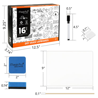 Double-Sided Small White Board, 9 x 12 Inches Dry Erase Lap Boards, Bulk Pack of 16 Mini White Board with 16 Pens, 16 Erasers & 16 Pen Clips - Magicfly