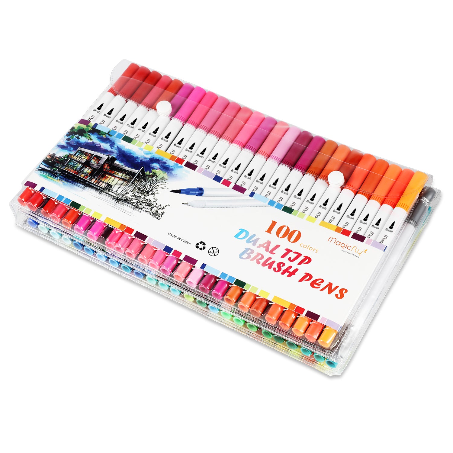 Dual Tip Brush Marker Pens, Tip 0.4 and Highlighters Brush Tip (1-2mm) - 100 Colors - Magicfly
