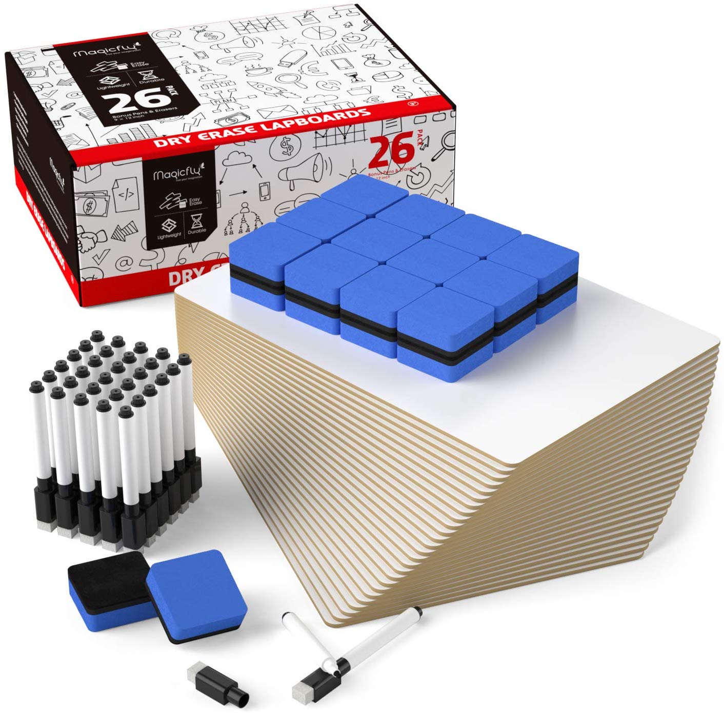 Dry Erase Lapboards Set - W/ 32 Pens, 26 Erasers, 9 x 12 Inches Portable Whiteboard - Magicfly