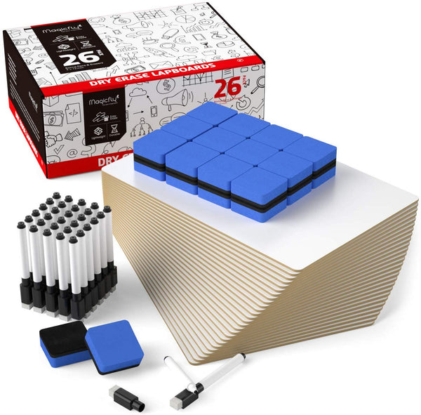 Dry Erase Lapboards Set - W/ 32 Pens, 26 Erasers, 9 x 12 Inches Portable Whiteboard - Magicfly
