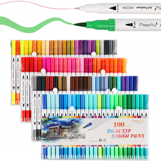 Dual Tip Brush Marker Pens, Tip 0.4 and Highlighters Brush Tip (1-2mm) - 100 Colors - Magicfly