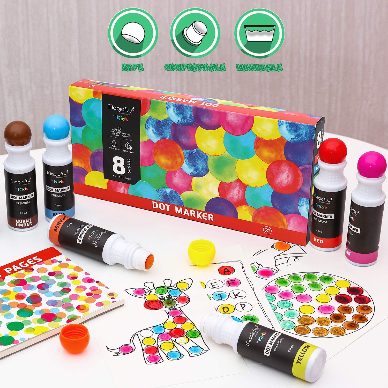 Washable 8 Colors Dab and Dot Markers Pack Set. Fun Art Supplies for Kids Toddlers and Preschoolers. Non Toxic Arts and Crafts Supplies. Includes